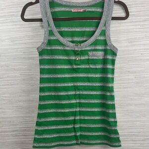 Juicy Couture M Green and Gray Striped Tank Top with fancy buttons, baby pocket